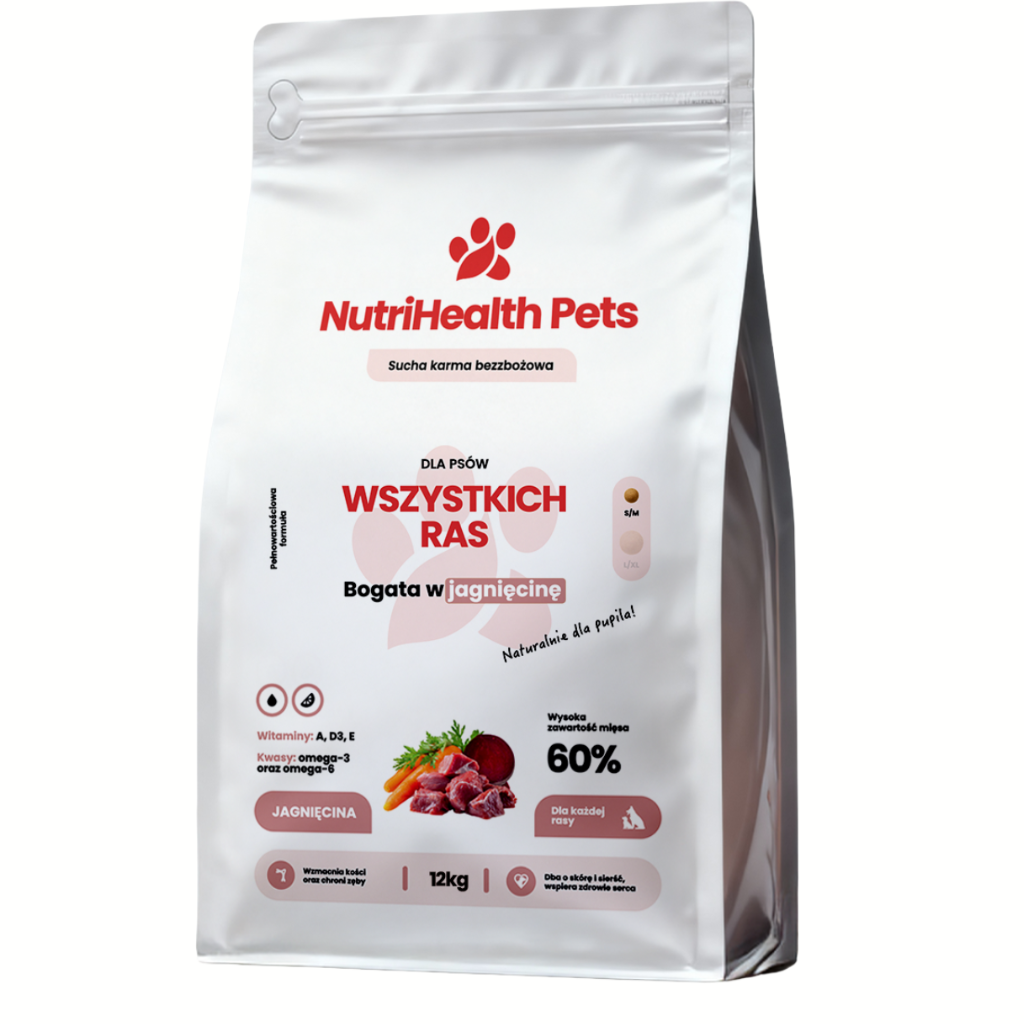 Opakowanie karmy dla psa NutriHealth Pets – widok z przodu na jasnym tle.