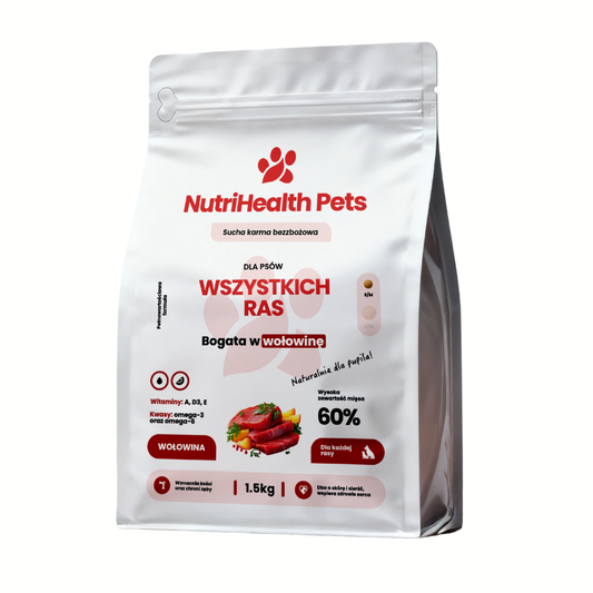 Opakowanie karmy dla psa NutriHealth Pets – widok z przodu na jasnym tle.