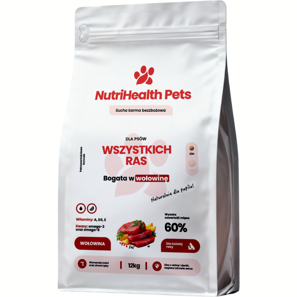 Opakowanie karmy dla psa NutriHealth Pets – widok z przodu na jasnym tle.