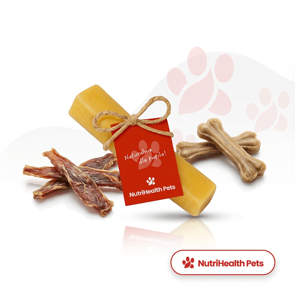 Baner kolekcji gryzaki dla psów NutriHealth Pets – produkty na białym tle