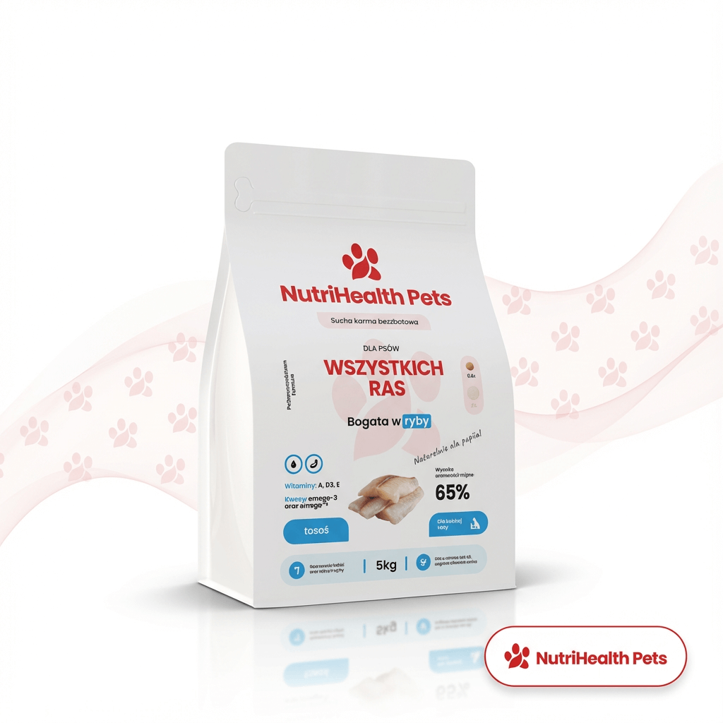 Baner kolekcji karmy suche dla psów NutriHealth Pets – opakowania karm na białym tle