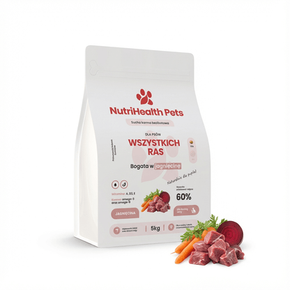 Karma dla psa NutriHealth Pets – opakowanie na jasnym tle z unoszącymi się składnikami i granulatem (wizualizacja premium).