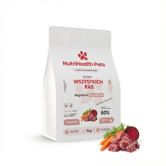 Karma dla psa NutriHealth Pets – opakowanie na jasnym tle z unoszącymi się składnikami i granulatem (wizualizacja premium).