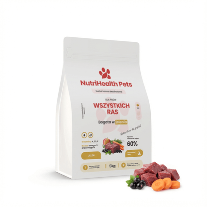 Karma dla psa NutriHealth Pets – opakowanie na jasnym tle z unoszącymi się składnikami i granulatem (wizualizacja premium).