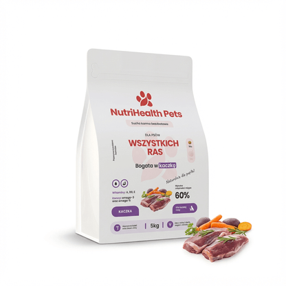 Karma dla psa NutriHealth Pets – opakowanie na jasnym tle z unoszącymi się składnikami i granulatem (wizualizacja premium).