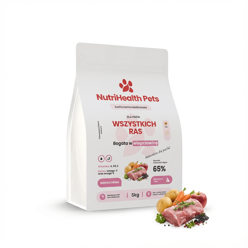 Karma dla psa NutriHealth Pets – opakowanie na jasnym tle z unoszącymi się składnikami i granulatem (wizualizacja premium).