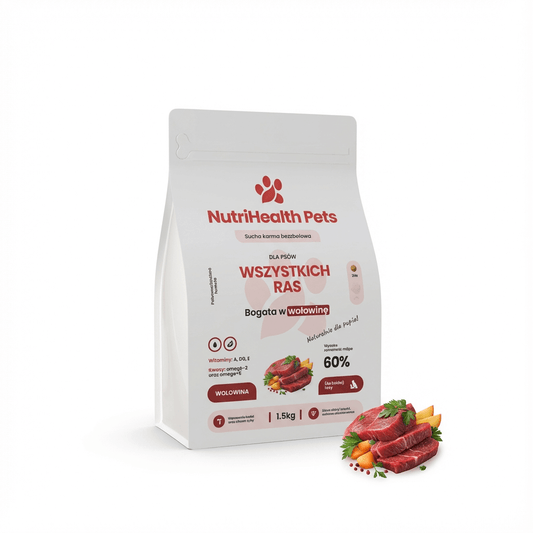Karma dla psa NutriHealth Pets – opakowanie na jasnym tle z unoszącymi się składnikami i granulatem (wizualizacja premium).