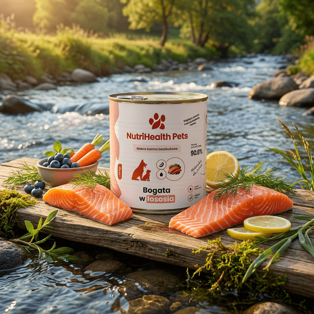 Mokra karma dla psa NutriHealth Pets – łosoś w puszce, zdjęcie w naturalnej scenerii