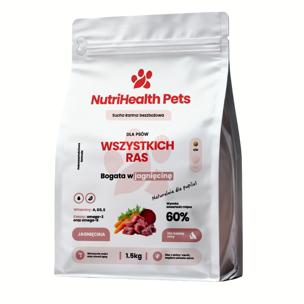 Opakowanie karmy dla psa NutriHealth Pets – widok z przodu na jasnym tle.