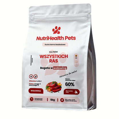 Opakowanie karmy dla psa NutriHealth Pets – widok z przodu na jasnym tle.