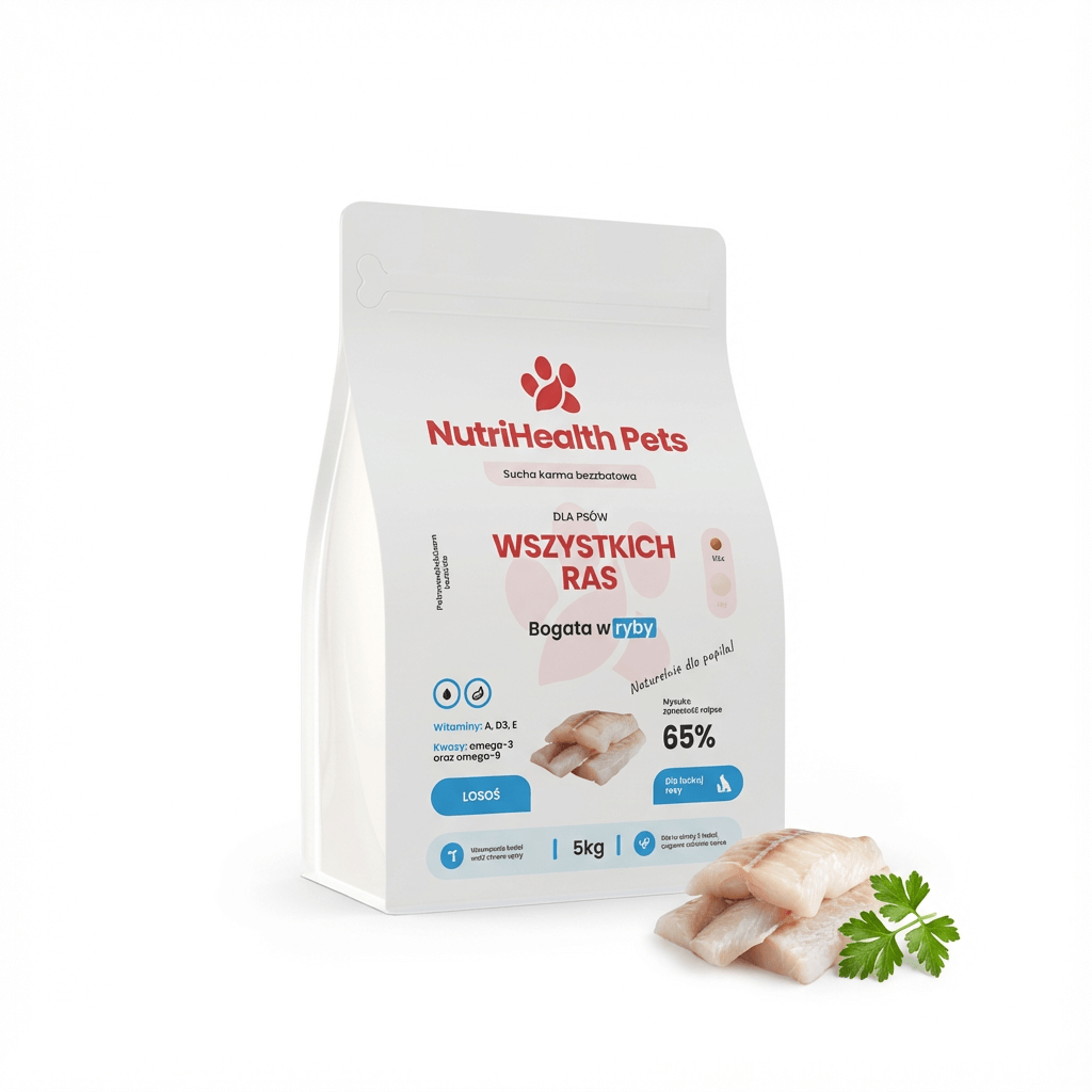 Karma dla psa NutriHealth Pets – opakowanie na jasnym tle z unoszącymi się składnikami i granulatem (wizualizacja premium).