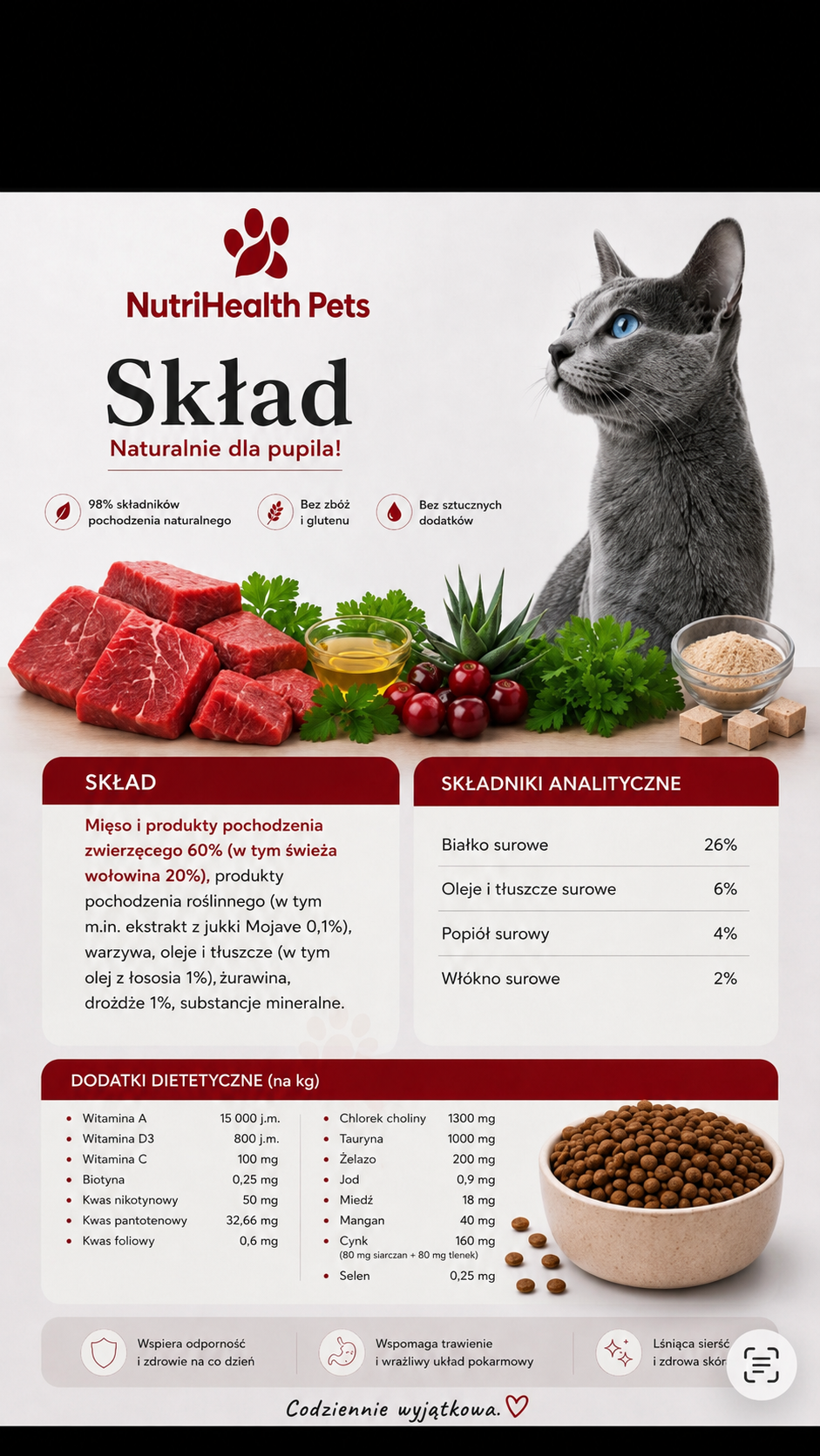 SUCHA KARMA DLA KOTA Z WOŁOWINĄ DLA WYBREDNYCH KOTÓW 60% MIĘSA