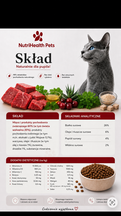 SUCHA KARMA DLA KOTA Z WOŁOWINĄ DLA WYBREDNYCH KOTÓW 60% MIĘSA