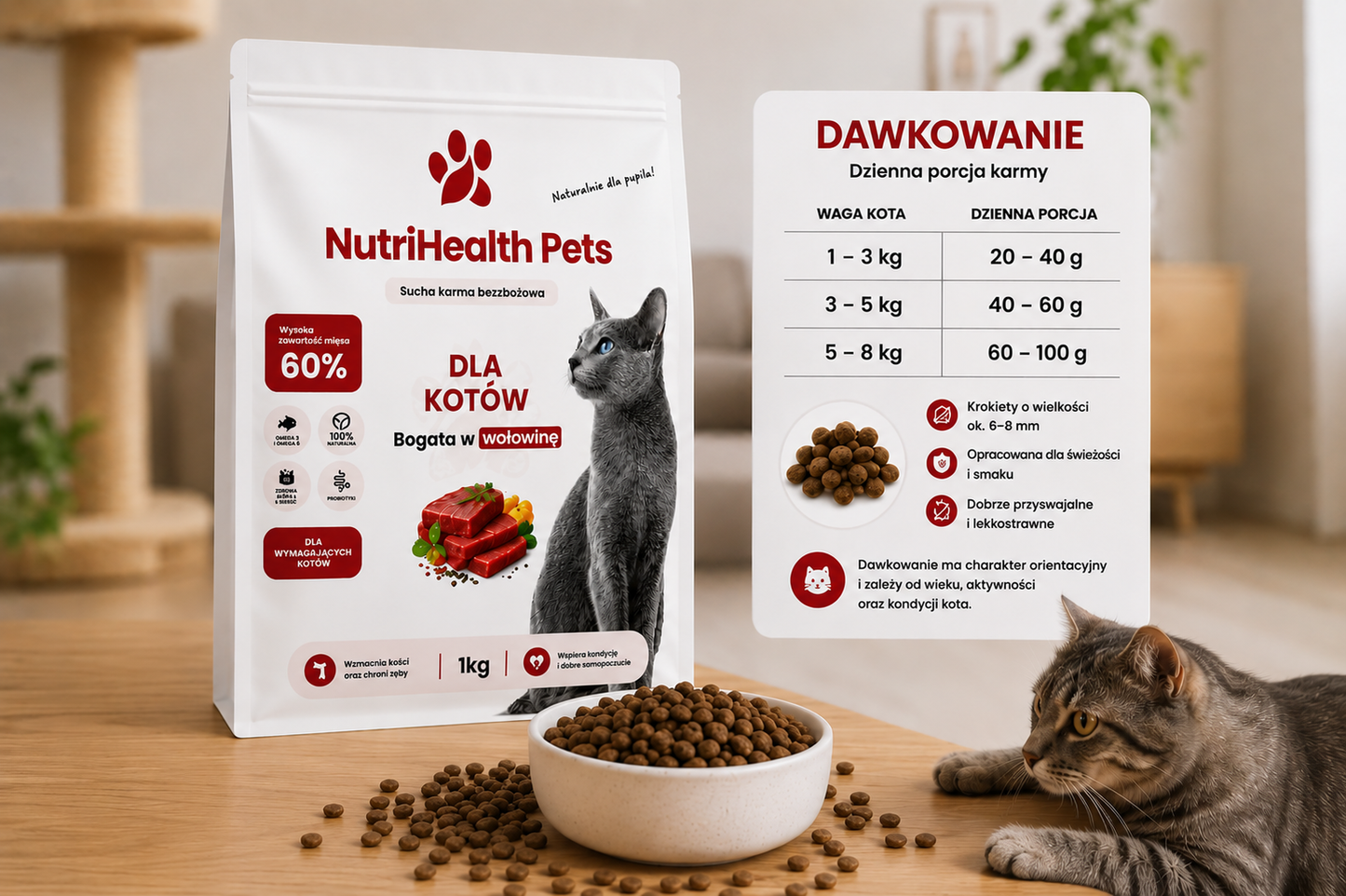 SUCHA KARMA DLA KOTA Z WOŁOWINĄ DLA WYBREDNYCH KOTÓW 60% MIĘSA